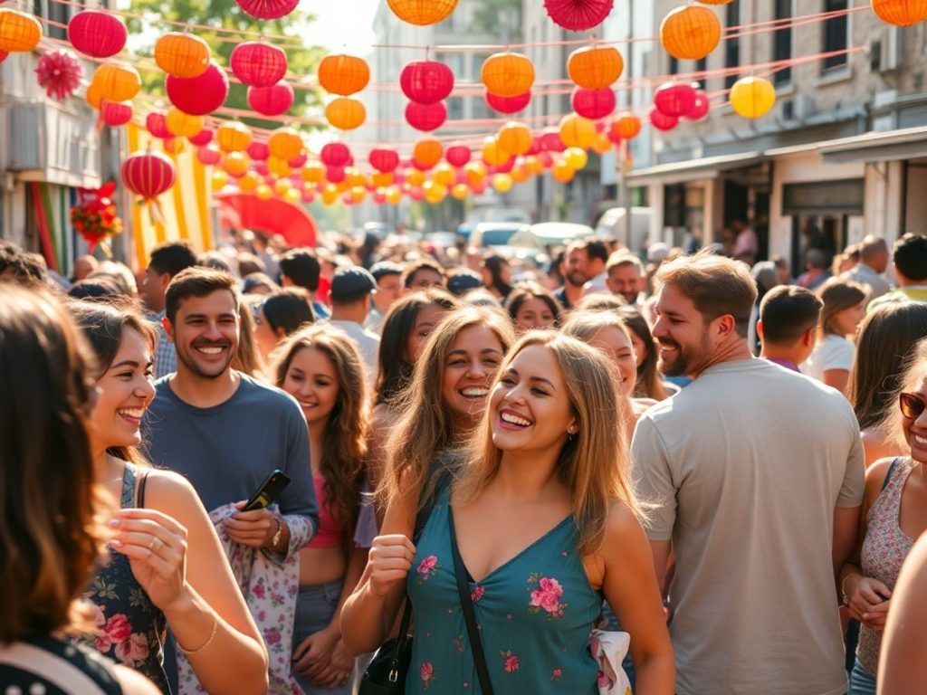 Oameni zâmbitori la un festival, bucurându-se de muzică live.