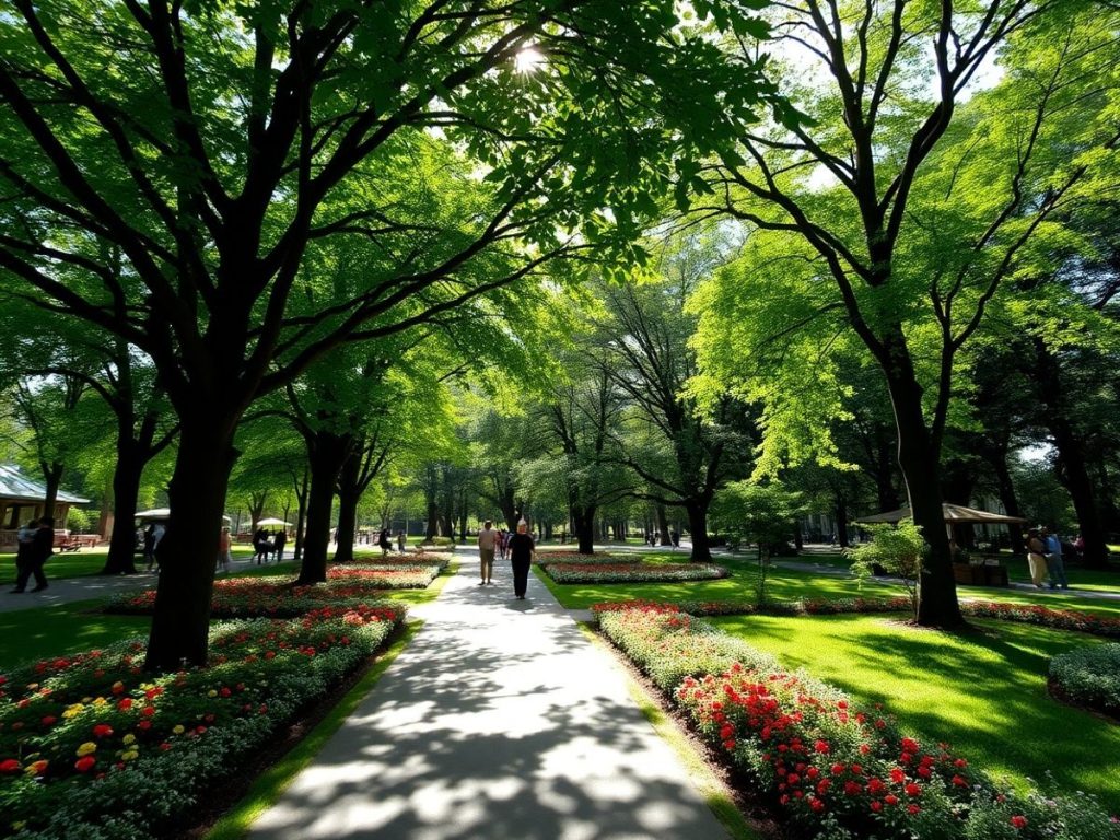Parc urban plin de verdeață și oameni relaxându-se.