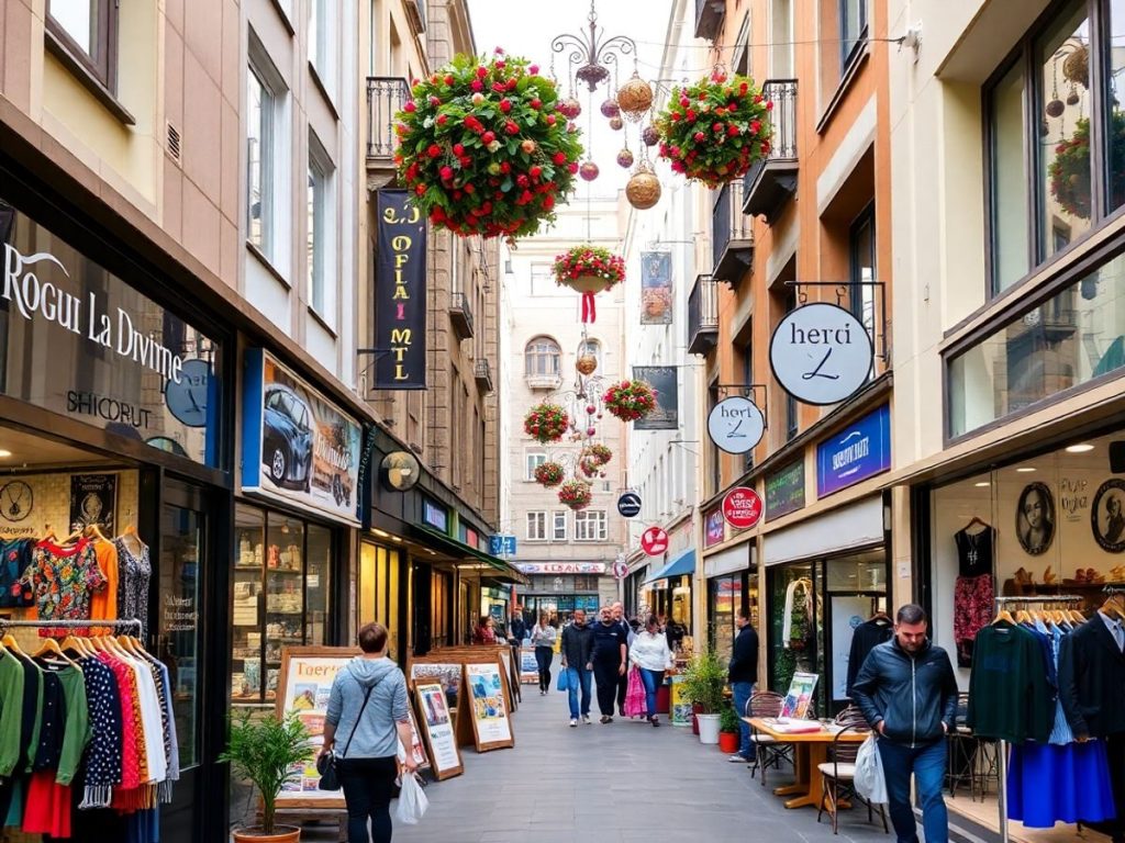 Stradă comercială aglomerată în orașele mari din România.