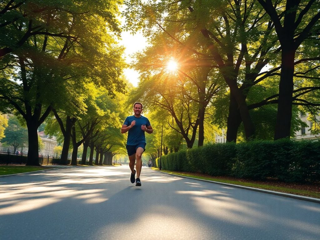 Joggere alergând pe alee verde urbană la apus.