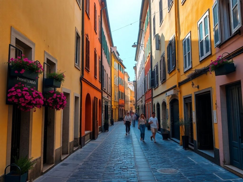 O stradă pietruită pitorească într-un oraș vechi cu clădiri colorate.